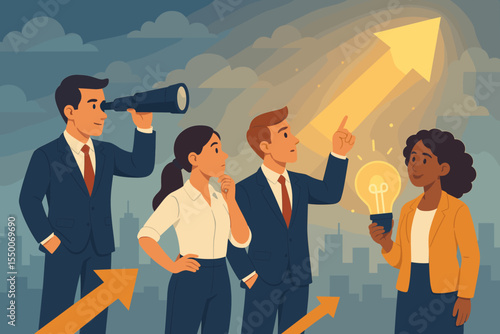 Business team collaboration for success and growth. Diverse people planning strategy. Man with telescope for vision, woman with lightbulb for innovation. Arrow pointing to future.