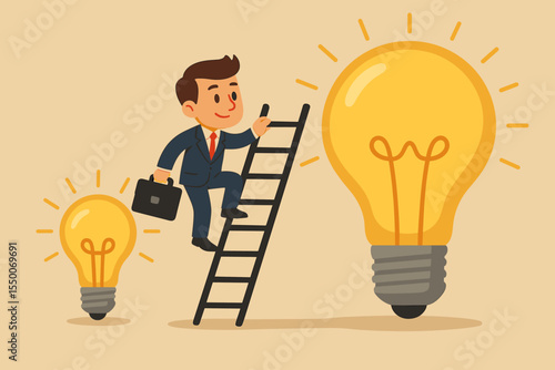 Businessman climbing ladder from small to big idea light bulb. Creative problem-solving concept. Metaphor for business growth, innovation, career development, ambition, and success.