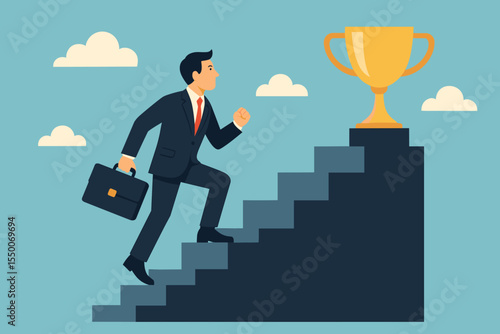 Businessman climbing staircase to success trophy. Career ladder growth concept. Symbol of ambition, motivation, leadership, achievement and reaching a goal. Vector business progress.