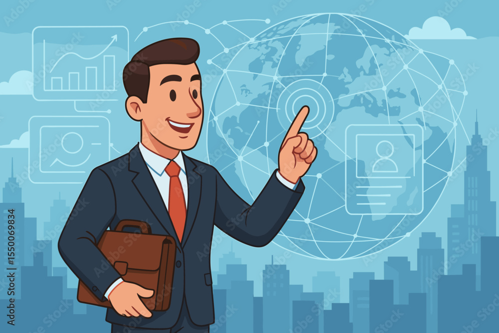 Cartoon businessman interacting with a futuristic digital interface showing a global network, data analytics, and user profile. Vector concept of global business, technology, and finance. Cartoon businessman interacting with a futuristic digital interface showing a global network, data analytics, and user profile. Vector concept of global business, technology, and finance.