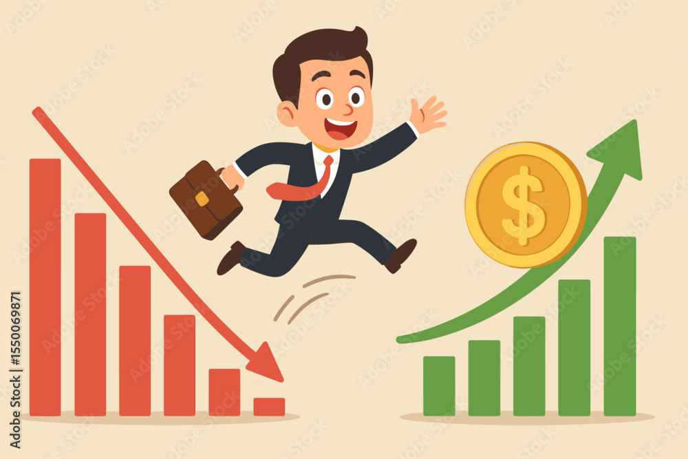 Businessman jumping from falling red chart to rising green graph with dollar coin. Financial recovery concept. Investment growth and success. Stock market strategy metaphor. Businessman jumping from falling red chart to rising green graph with dollar coin. Financial recovery concept. Investment growth and success. Stock market strategy metaphor.