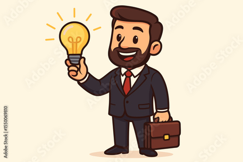 Businessman cartoon holding glowing lightbulb, presenting innovative solutions, creative thinking for business improvement, strategy development, and project success idea generation.