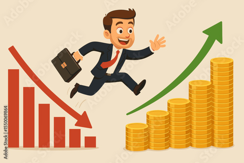 Businessman escapes crisis, jumping from falling chart to rising investment growth. Financial recovery and business success strategy. Seizing opportunity for profit and wealth.