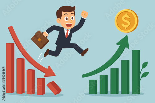 Businessman jumping from a falling chart to a rising growth graph. Financial crisis and success concept. Investment strategy for market recovery. Business solution metaphor.