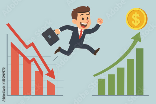 Businessman jumping from falling chart to rising growth graph. Concept of changing investment strategy, escaping crisis, recovery, finding opportunity, and financial success.