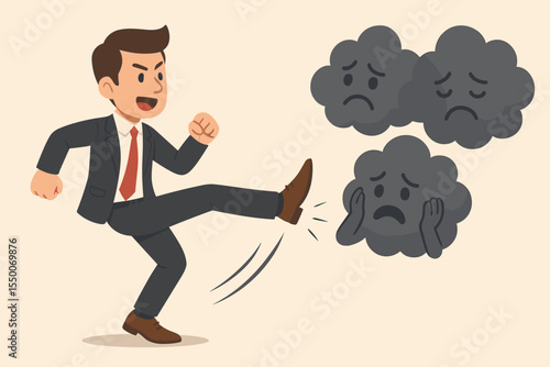 Businessman Kicking Away Negative Emotions, Defeating Anxiety and Stress, Overcoming Depression, Mental Health Concept, Cartoon Vector, Emotional Wellbeing, Positive Mindset Illustration