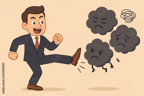 Businessman kicking away negative emotions stress clouds. Overcoming anxiety, defeating worry, mental health victory, emotional resilience, positive mindset, cartoon vector illustration