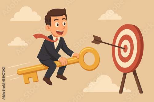 Businessman flying on golden key towards target, metaphor for unlocking success, achieving goals, opportunity, business strategy, motivation, leadership, personal development, vector illustration