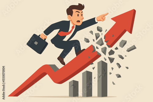 Ambitious businessman riding upward red arrow breaking barriers, leadership overcoming obstacles, business growth success, achievement concept, vector illustration, career progress, motivation