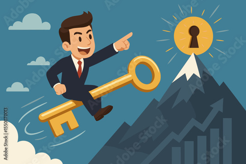 Ambitious businessman riding golden key unlocking mountain summit, achieving business success, overcoming challenges, reaching goals, leadership vision, financial growth, opportunity metaphor