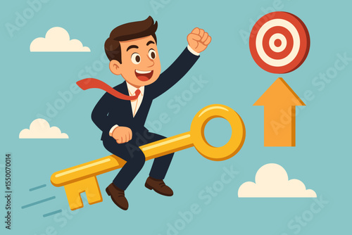 Businessman riding golden key to success, achieving business goals, cartoon vector concept, unlocking potential, aim for target, ambition, leadership, motivation, opportunity, business growth