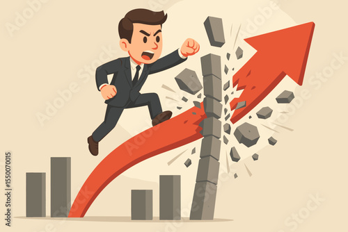Businessman in suit riding upward red arrow smashing through barriers, breaking obstacles, business success, overcoming challenges, growth concept, financial breakthrough vector illustration