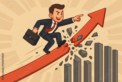Ambitious businessman riding upward red arrow smashing through barriers and obstacles, leadership breakthrough, business growth success, overcoming challenges, cartoon vector illustration