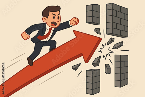 Determined businessman riding red upward arrow smashing through brick wall obstacles. Overcoming barriers, breakthrough success, leadership, progress, business challenge solution vector cartoon