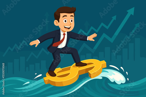 Businessman surfing golden dollar sign on financial waves. Success in investment, profit growth, stock market trend, economic opportunity. Risk management, leadership, money metaphor, cartoon vector