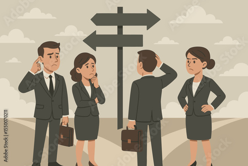 Businesspeople Confused at Crossroads Making Difficult Decisions, Team Facing Choices, Uncertainty, Direction, Career Path, Leadership, Opportunity, Concept Vector Illustration