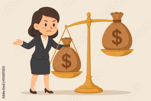 Businesswoman in Suit Weighing Money Bags on Golden Balance Scale. Financial Decision, Income versus Debt, Investment, Economy Management. Budget Planning, Finance Concept, Vector Illustration