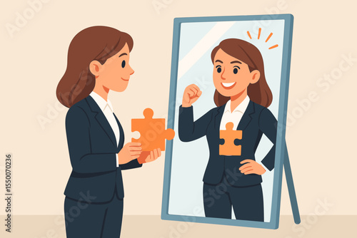 Businesswoman holding puzzle piece facing mirror, confident reflection, self-esteem, empowerment, personal growth, motivation, self-improvement, self-discovery, career success, vector illustration