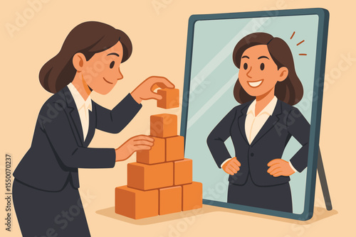 Confident businesswoman building self-esteem with empowering mirror reflection, stacking blocks for personal growth, self-confidence, success, motivation, self-improvement, achievement concept