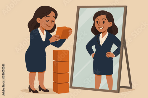 Businesswoman building self-esteem and confidence, personal growth and empowerment concept, female professional stacking blocks, mirror reflection showing success, motivation, vector illustration