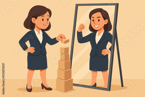 Confident businesswoman building self-esteem and personal growth, stacking blocks, empowering mirror reflection, motivation, female leadership, career success, self-improvement vector illustration