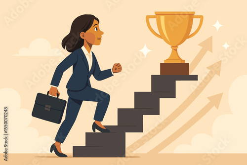 Ambitious businesswoman climbing stairs to golden trophy. Career growth, success achievement, leadership, professional goal, motivation, aspiration. Vector illustration, no text, upward arrows