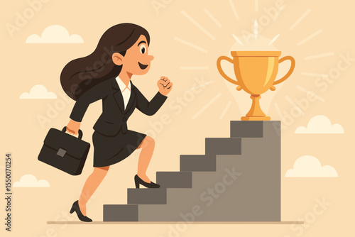 Ambitious businesswoman climbing stairs to golden trophy. Concept of career growth, leadership, achievement, professional success, motivation, determination, upward progress. Vector illustration