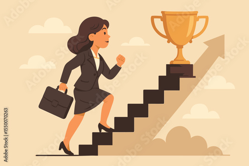 Ambitious businesswoman climbing staircase to trophy symbolizing career success, goal achievement, leadership, growth, ambition, progress, empowerment, motivation, vector illustration concept