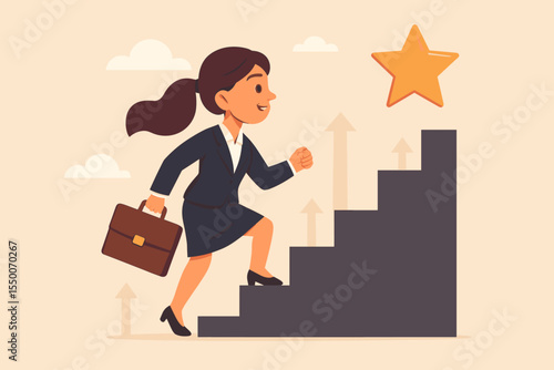 Ambitious businesswoman climbing stairs reaching star symbol of goal achievement, career growth, professional success, leadership development, motivation, business ambition, opportunity concept vector