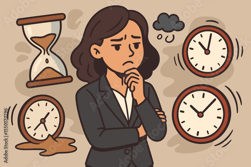 Businesswoman stressed about time management, missed deadlines, productivity pressure. Cartoon vector with melting clocks, hourglass, anxiety, multitasking, workplace stress, late tasks concept