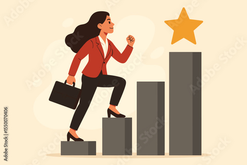 Ambitious businesswoman climbing career ladder for professional success, corporate achievement, workplace leadership, empowerment, motivation, goal setting, female executive vector illustration