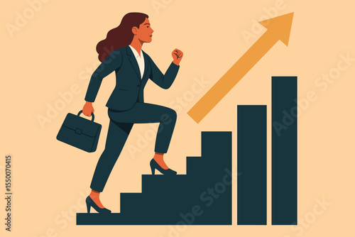 Ambitious businesswoman climbing corporate ladder, achieving professional success, career growth steps, empowerment, motivation, upward progress, leadership, workplace advancement vector illustration