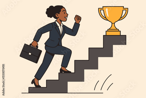 Ambitious businesswoman climbing career ladder, achieving professional success, leadership, empowerment, motivation, gender equality, ambition, trophy goal concept, vector cartoon illustration