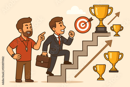 Business Coach Motivates Professional to Climb Career Ladder, Achieve Success, Reach Goals, Win Trophies, Advance Promotion, Target Achievement, Personal Growth, Staircase Vector Concept Illustration