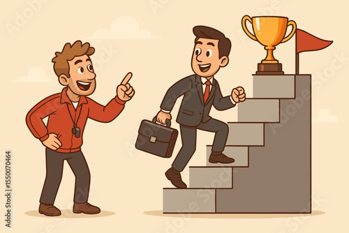 Business Coach Motivating Professional to Climb Career Ladder, Achieve Success, Win Promotion, Trophy Goal and Personal Development. Cartoon Vector Illustration of Coaching and Achievement Concept