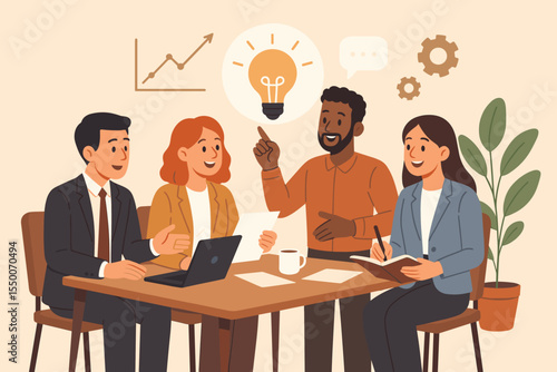 Diverse business team brainstorming and collaborating in modern office meeting. Creative professionals discussing ideas, planning strategy, teamwork, innovation concept, flat vector illustration