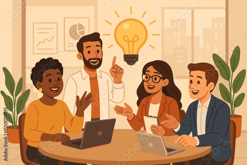 Diverse business team brainstorming innovative ideas in modern office, creative collaboration, teamwork discussion, project planning meeting, multicultural group, digital technology laptops