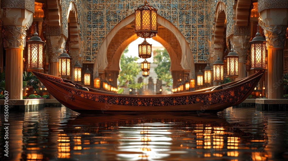 Obraz premium Ornate wooden boat floats on a tranquil water feature in a detailed architectural setting.