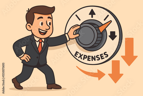 Cartoon businessman adjusting expenses control knob, reducing business costs, financial management, budget optimization, economic savings, lowering spending, cost efficiency strategy vector