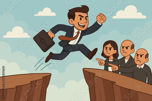 Ambitious businessman jumping over gap, overcoming obstacles, workplace challenge, success concept, colleagues doubting, leadership, risk taking, business achievement, career growth, vector cartoon