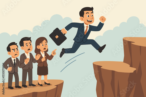 Businessman Jumping Over Cliff Gap, Overcoming Obstacle, Team Watching, Leadership, Courage, Risk Taking, Achievement, Success, Motivation, Business Challenge, Flat Cartoon Vector Illustration