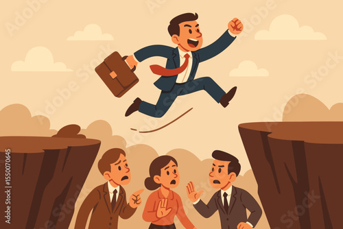 Ambitious businessman jumping over cliff gap, overcoming obstacles, taking career risks, business courage, teamwork challenge, vector illustration, leadership, motivation, success concept