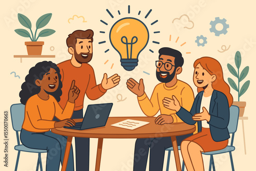 Diverse Business Team Brainstorming Creative Ideas at Office Meeting Table, Collaboration and Innovation Concept, Group Discussion with Light Bulb Symbol, Modern Vector Illustration