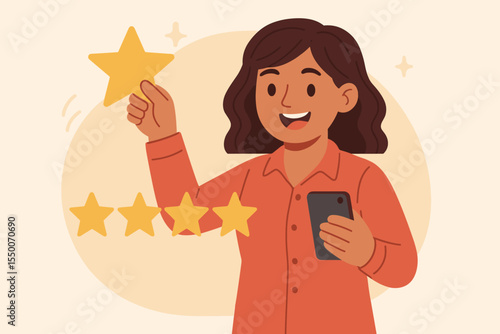 Customer feedback satisfaction rating concept. Woman gives five star review holding smartphone. Positive testimonial, excellent service, online rating, user experience, loyalty. Vector illustration.