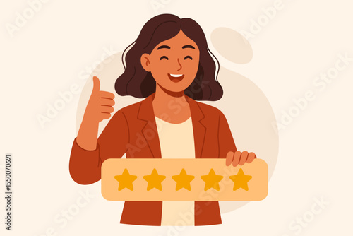 Five star rating positive feedback review. Happy female customer gives thumbs up. Satisfaction survey, excellent service, user experience, testimonial, client opinion. Vector cartoon illustration.