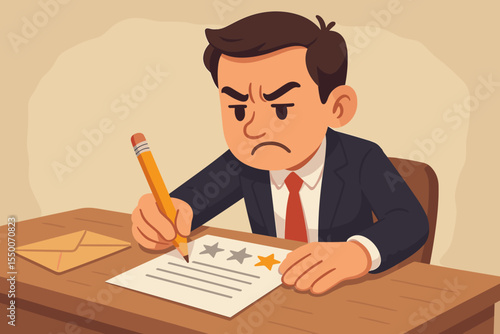 Unhappy businessman client writing complaint letter, giving poor service review, rating with star, customer dissatisfaction, negative feedback form, office desk, cartoon vector illustration