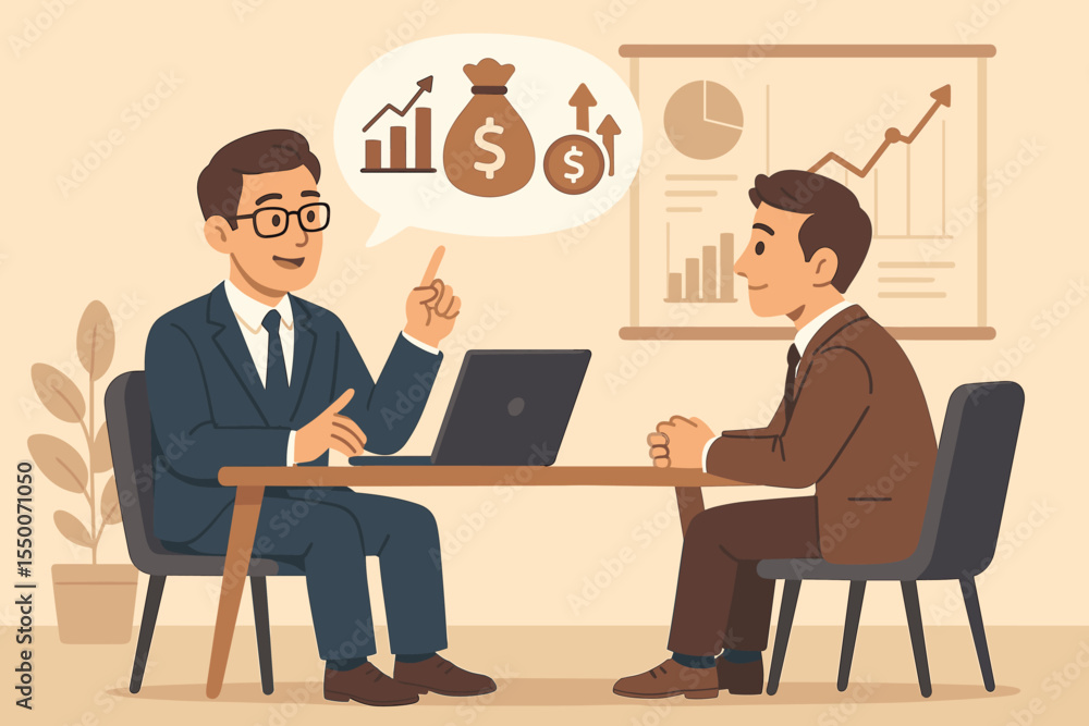 Financial advisor consulting client on investment portfolio, business growth strategy, wealth management, money planning, corporate finance, banking, economic analysis, office meeting vector Financial advisor consulting client on investment portfolio, business growth strategy, wealth management, money planning, corporate finance, banking, economic analysis, office meeting vector