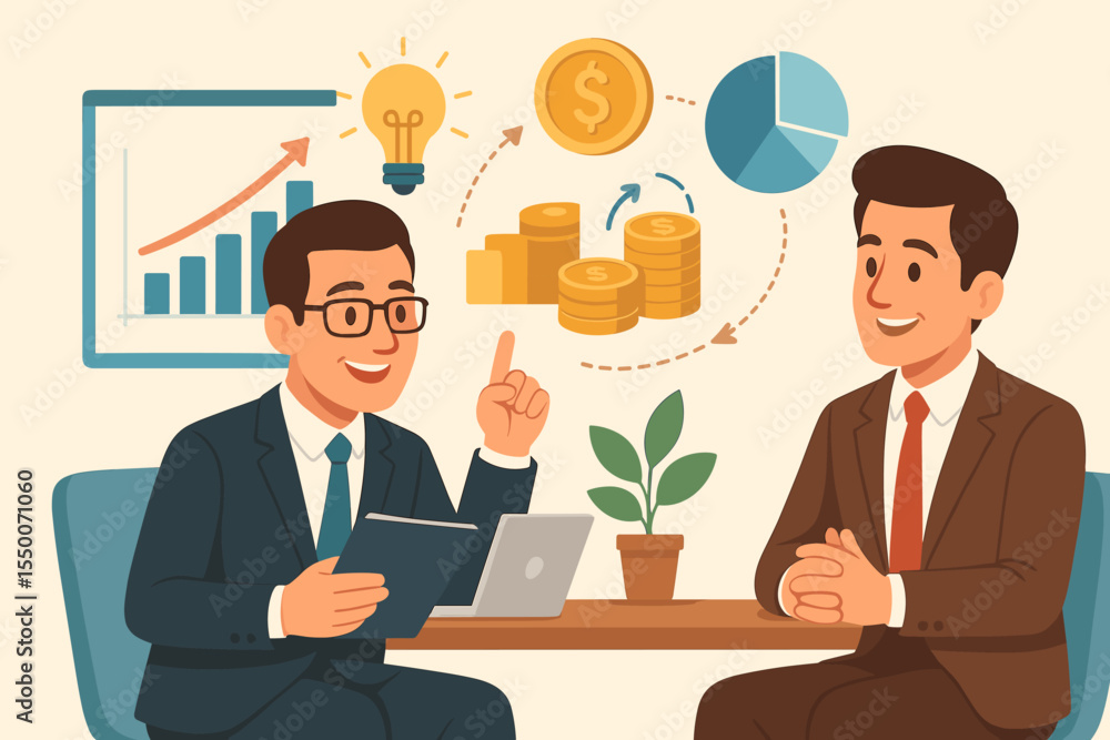 Business Meeting Investment Advisor Consulting Client. Financial Planning, Wealth Management Strategy, Market Analysis, Money Growth. Vector Illustration. Corporate Finance Discussion Concept Business Meeting Investment Advisor Consulting Client. Financial Planning, Wealth Management Strategy, Market Analysis, Money Growth. Vector Illustration. Corporate Finance Discussion Concept