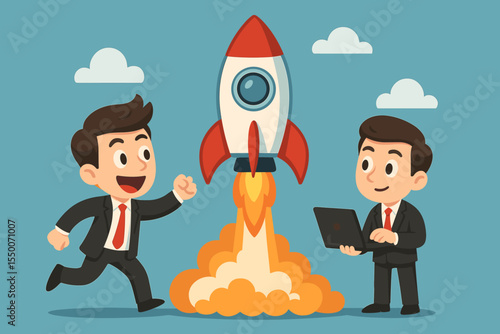 Cartoon businessmen launching startup rocket, teamwork innovation, success concept, entrepreneur and employee collaboration, business growth, new venture, leadership, technology, ambition