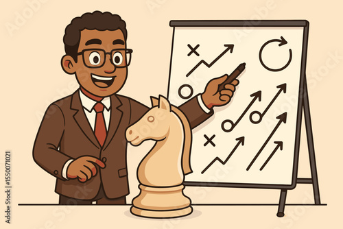 Business strategy planning concept. African American entrepreneur presenting tactics on whiteboard with chess knight piece. Strategic leadership, decision making, corporate plan vector illustration